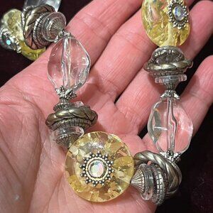 Chico's Long Chunky Beaded Necklace Silver Tone Citrine-Like Stones Crystal